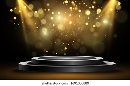 Round podium, pedestal or platform, illuminated by spotlights in the background. Vector illustration. Bright light. Light from above. Advertising place