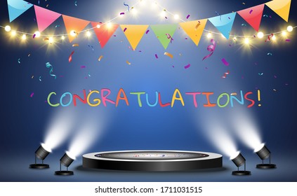 Round podium, pedestal or platform, illuminated by spotlights in the background. Vector illustration. Bright light. Light from above. Advertising place