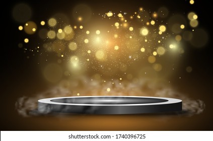 Round podium, pedestal or platform, illuminated by spotlights in the background. Vector illustrations. Podium with smoke. Bright light. Smoke.