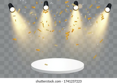 Round podium, pedestal or platform illuminated by spotlights on white background. Stage with scenic lights.Gold confetti. Vector illustration.