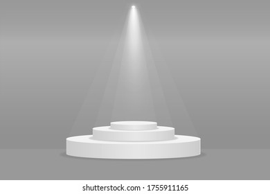 Round podium, pedestal or platform illuminated by spotlights on white background. Stage with scenic lights. Vector illustration.