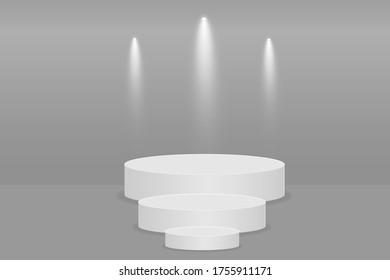 Round podium, pedestal or platform illuminated by spotlights on white background. Stage with scenic lights. Vector illustration.