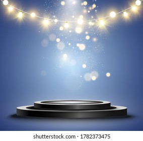 Round podium, pedestal or platform, illuminated by spotlights in the background. Vector illustration. Bright light. Light from above. Advertising place