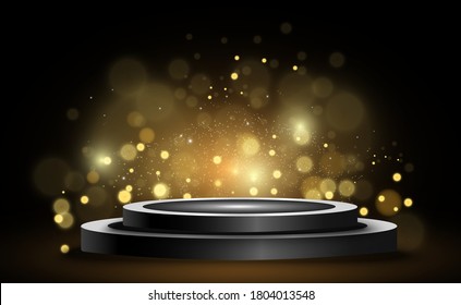 Round podium, pedestal or platform, illuminated by spotlights in the background. Vector illustration. Bright light. Light from above. Advertising place