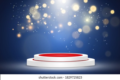 Round podium, pedestal or platform, illuminated by spotlights in the background. Vector illustration. Bright light. Light from above. Advertising place