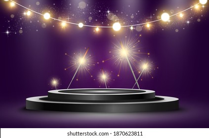 Round podium, pedestal or platform, illuminated by spotlights in the background. Vector illustration. Bright light. Light from above. Advertising place