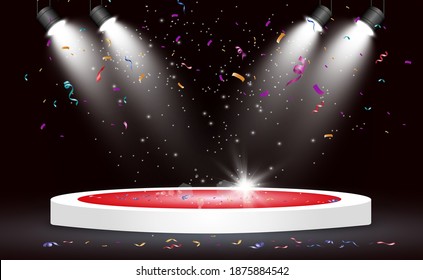 Round podium, pedestal or platform, illuminated by spotlights in the background. Vector illustration. Bright light. Light from above. Advertising place	