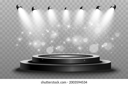 Round podium, pedestal or platform, illuminated by spotlights in the background. Vector illustration. Bright light. Light from above. Advertising place