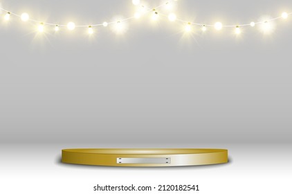 Round podium, pedestal or platform, illuminated by spotlights in the background. Vector illustration. Bright light. Light from above. Advertising place