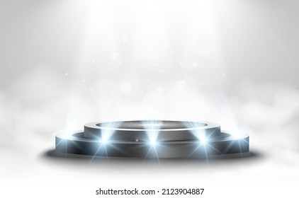 	
Round podium, pedestal or platform, illuminated by spotlights in the background. Vector illustration. Bright light. Light from above. Advertising place	