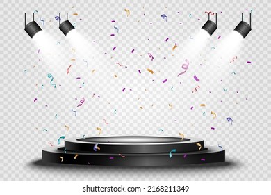 	
Round podium, pedestal or platform, illuminated by spotlights in the background. Vector illustration. Bright light. Light from above. Advertising place
