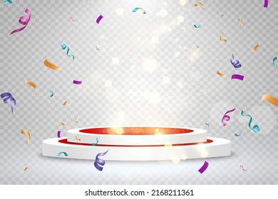 	
Round podium, pedestal or platform, illuminated by spotlights in the background. Vector illustration. Bright light. Light from above. Advertising place
