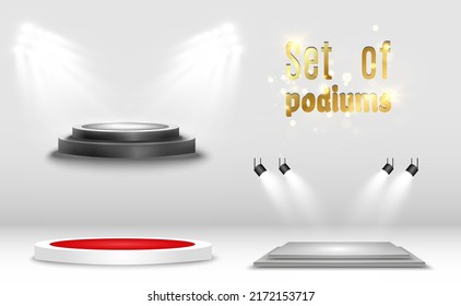 Round podium, pedestal or platform, illuminated by spotlights in the background. Vector illustration. Bright light. Light from above. Advertising place
