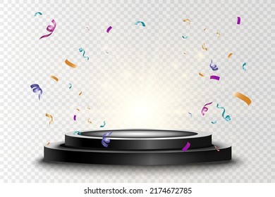 Round podium, pedestal or platform, illuminated by spotlights in the background. Vector illustration. Bright light. Light from above. Advertising place	
