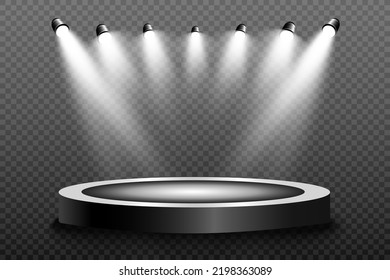 Round podium, pedestal or platform, illuminated by spotlights in the background. Vector illustration. Bright light. Light from above. Advertising place	