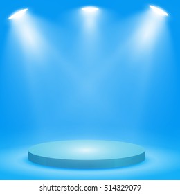 Round podium, pedestal or platform illuminated by spotlights on blue background. Stage with scenic lights. Vector illustration.