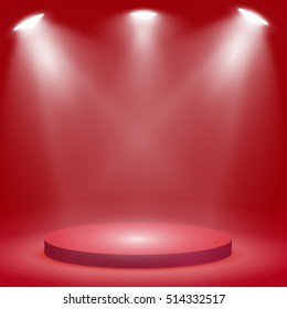 Round podium, pedestal or platform illuminated by spotlights on red background. Stage with scenic lights. Vector illustration.