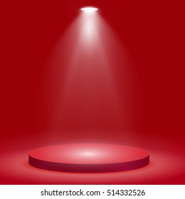 Round podium, pedestal or platform illuminated by spotlights on red background. Stage with scenic lights. Vector illustration.