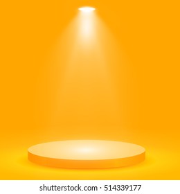 Round podium, pedestal or platform illuminated by spotlights on yellow background. Stage with scenic lights. Vector illustration.