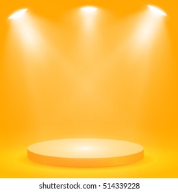 Round podium, pedestal or platform illuminated by spotlights on yellow background. Stage with scenic lights. Vector illustration.