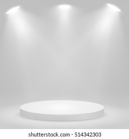 Round podium, pedestal or platform illuminated by spotlights on white background. Stage with scenic lights. Vector illustration.