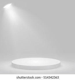 Round podium, pedestal or platform illuminated by spotlights on white background. Stage with scenic lights. Vector illustration.
