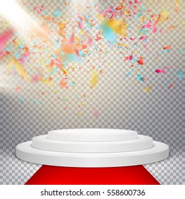Round podium, pedestal or platform illuminated by spotlights. Stage with scenic lights. EPS 10 vector file included