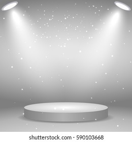 Round podium, pedestal or platform illuminated by spotlights on white background. Stage with scenic lights. Vector illustration.