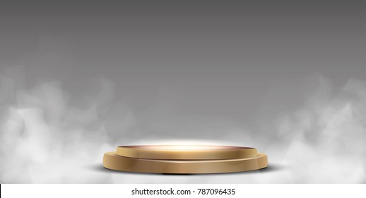 Round podium, pedestal or platform illuminated by spotlights on white background. Stage with scenic lights. Vector illustration.