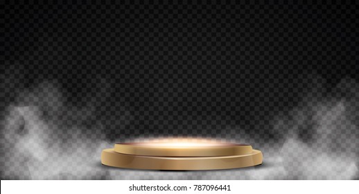 Round podium, pedestal or platform illuminated by spotlights on white background. Stage with scenic lights. Vector illustration.