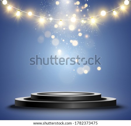 Round podium, pedestal or platform, illuminated by spotlights in the background. Vector illustration. Bright light. Light from above. Advertising place