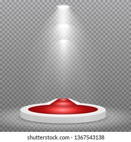 Round podium, pedestal or platform with red carpet, illuminated by spotlights on transparent background. Stage with scenic lights. Vector illustration.