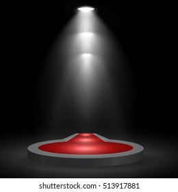 Round podium, pedestal or platform with red carpet,  illuminated by spotlights on black background. Stage with scenic lights. Vector illustration.