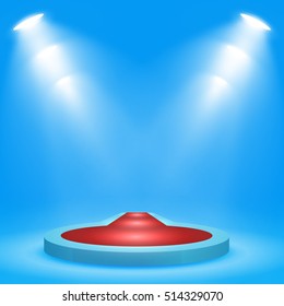 Round podium, pedestal or platform with red carpet, illuminated by spotlights on blue background. Stage with scenic lights. Vector illustration.