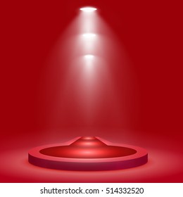 Round podium, pedestal or platform with red carpet, illuminated by spotlights on red background. Stage with scenic lights. Vector illustration.