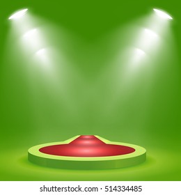 Round podium, pedestal or platform with red carpet, illuminated by spotlights on green background. Stage with scenic lights. Vector illustration.