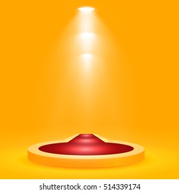 Round podium, pedestal or platform with red carpet, illuminated by spotlights on yellow background. Stage with scenic lights. Vector illustration.