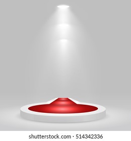 Round podium, pedestal or platform with red carpet, illuminated by spotlights on white background. Stage with scenic lights. Vector illustration.