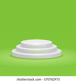 Round podium, pedestal or platform with three steps on green background. Vector illustration.