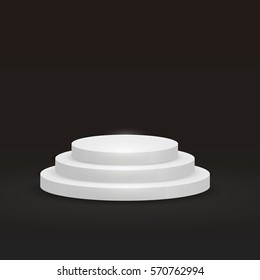 Round podium, pedestal or platform with three steps on black background. Vector illustration.