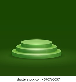 Round podium, pedestal or platform with three steps on green background. Vector illustration.