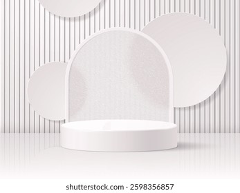 Round podium or platform on the background of a translucent arch with geometric shapes and shadows. Vector 3D illustration.