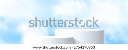 Round podium platform for product presentation. Minimal pedestal stage for display, showcase, advertising, branding. Sky and clouds background. Vector illustration. Realistic scene mockup. White color