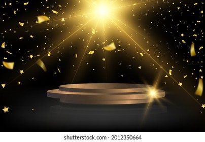 Round podium, plinth or platform illuminated by spotlights in the background with falling gold candy for awards and congratulations.