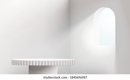 Round podium for product display, with light coming in through small window 3d illustration.