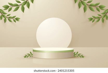 Round podium product scene and leaves with soft cream background for cosmetic product presentation mockup show