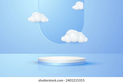 Escena de producto de podio redondo y nube de cielo de ventana con fondo azul pastel para presentación de productos cosméticos show de simulación