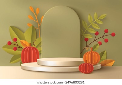 Round podium with pumpkins and leaves on green arch background. Vector realistic illustration of empty cylinder platform decorated with papercut branches, autumn harvest, Thanksgiving holiday card