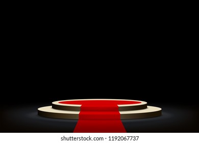 Round podium with red carpet. Background for the presentation and advertising. Stock vector illustration.