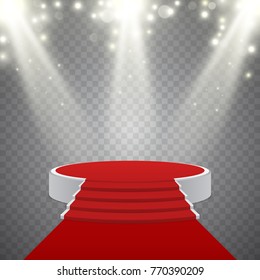 Round podium with red carpet and blurred light effect, vector design